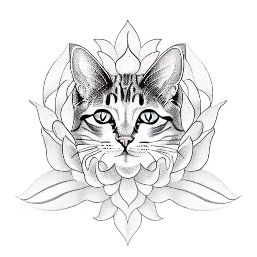 Cat With Lotus Flowers