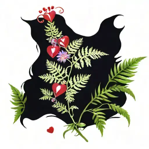 Fern Plant With Red Hearts And Purple Flowers Growing
