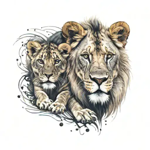 Lion With Blue Eyes With A Cub With Brown Eyes Play On Top