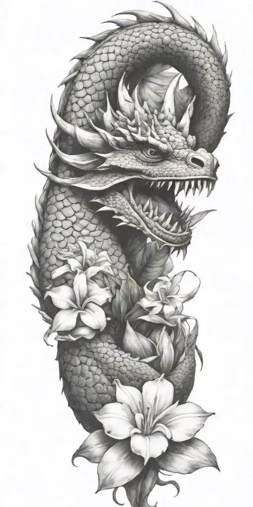 Dragon Winding With Dragonfruit Plant And Plumeria Flower