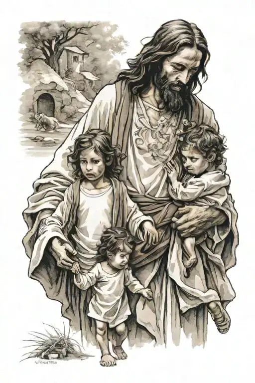 Jesus Walking With Boy And Girl Holding