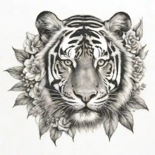 Half Tiger Face With Flowers