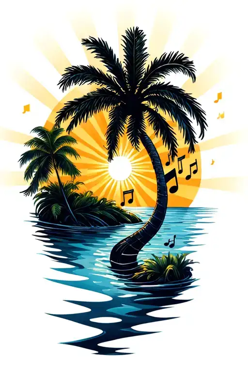Palm Tree Sunbeams Water Music Notes Intertwined