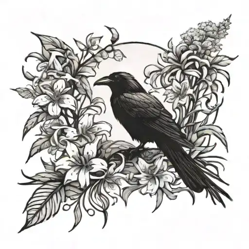A Tattoo Design Combining A Raven And A Spider Lily In A Studio Ghibli Inspired Scene