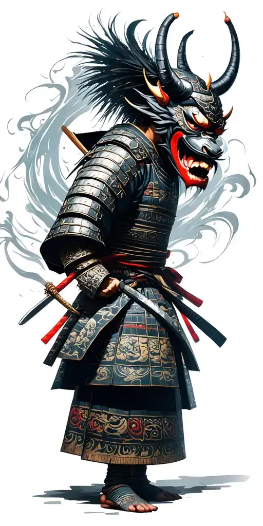 Samurai Warrior With Oni Mask Surrounded By Swirling