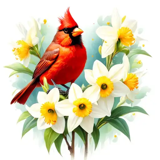 Narcissus And Cardinal Bird