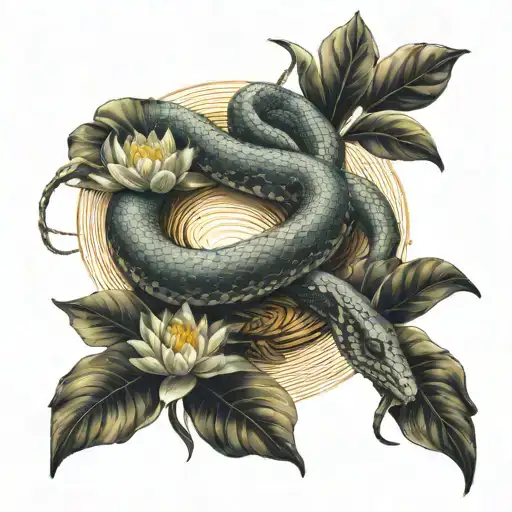Sleeve Of A Snake Among Water Lilies On Top Of The Sun