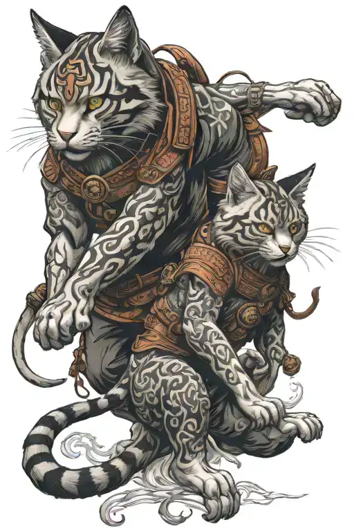 Two Japanese Warrior Cats Wearing Japanese Inspire Warrior Clothing Fighting Demons