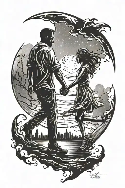 Dad And Daughter Silhouette Holding Hands Dancing In Front Of The Moon