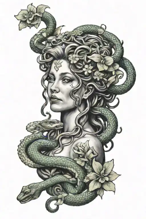 Medusa Holding Snake Intertwined In Her Fingers Looking At It Surrounded By Flowers