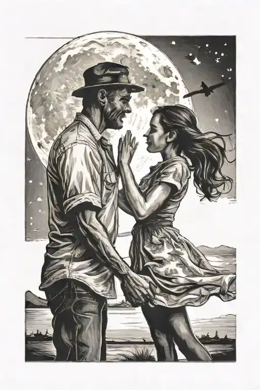 Dad And Daughter Silhouette Holding Hands Dancing In Front Of The Moon