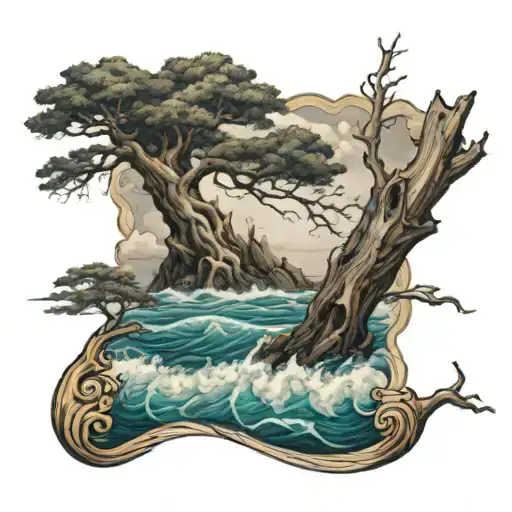 Stormy Seas Surrounding Tall Tree Winding Trunk Waves Crashing