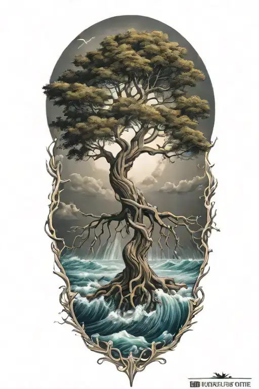 Tree Of Life With Deep Roots Surrounded By Violent Stormy Seas And Skies And Wind