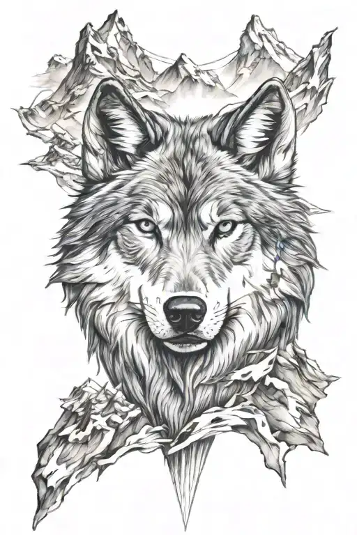 Wolf With Mtns And Blue Eyes Surrounded