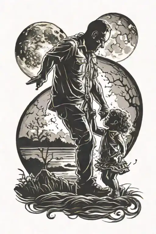 Dad And Toddler Daughter Silhouette Holding Hands Dancing In Front Of The Moon