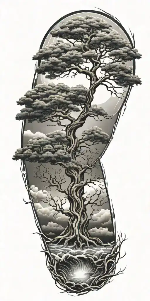 Tree Of Life With Deep Roots Surrounded By Violent Stormy Seas And Skies And Wind