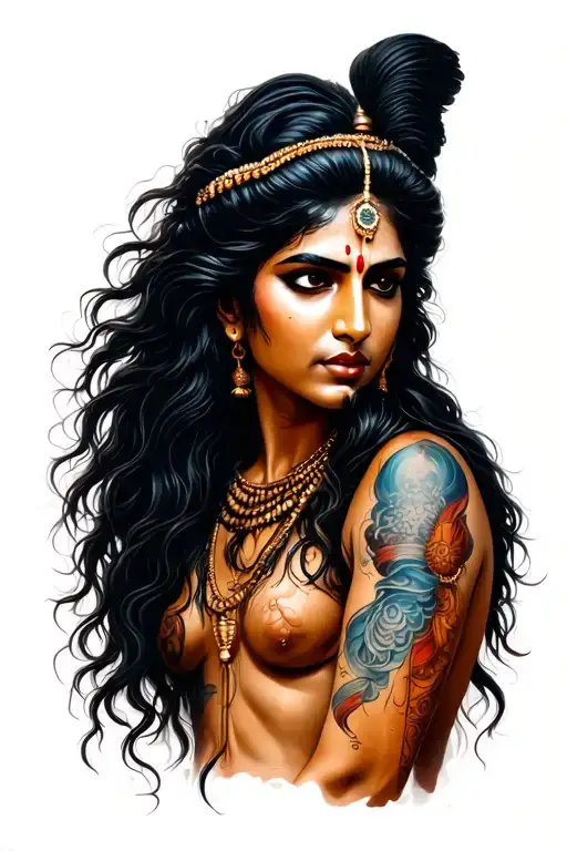 Shiv Ji Dark And Long Hair Tattoo Holding