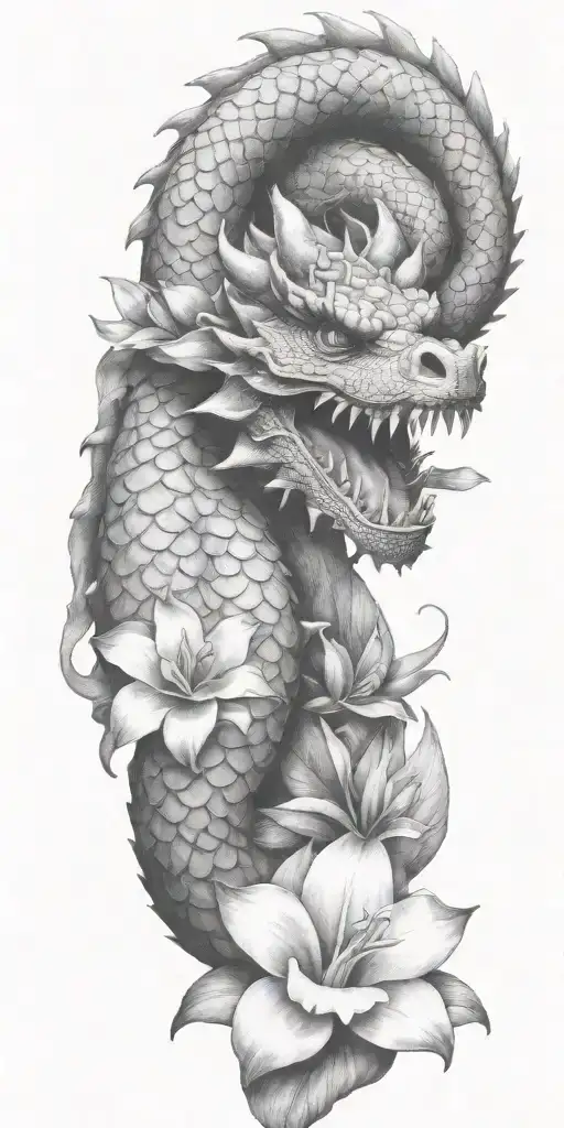 Dragon Winding With Dragonfruit Plant And Plumeria Flower
