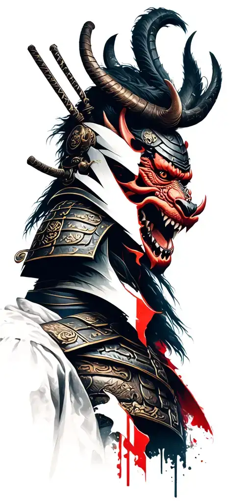 Samurai Warrior With Demon Mask Split In Half
