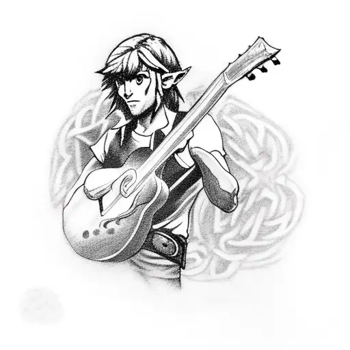 A Realistic Depiction Of Link From Zelda Playing A Guitar On A Keltic-inspired Stage