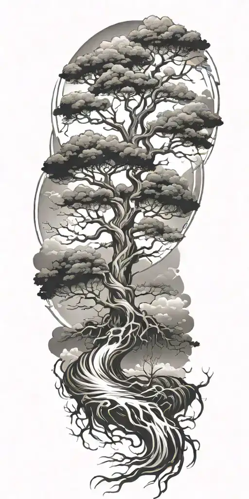Tree Of Life With Roots Surrounded By Violent Stormy Seas And Skies And Wind
