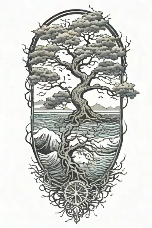 Tree Of Life With Deep Roots Surrounded By Violent Stormy Seas And Skies And Wind Waves Crashing