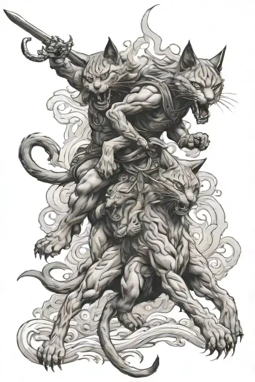 Two Grey Japanese Warrior Cats Fighting Demons