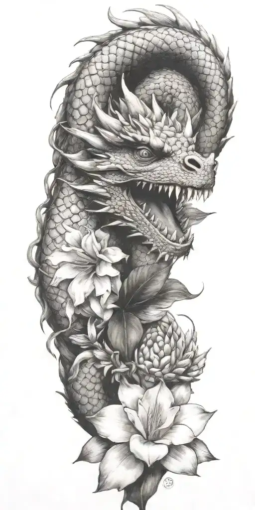 Dragon Winding With Dragonfruit Plant And Plumeria Flower