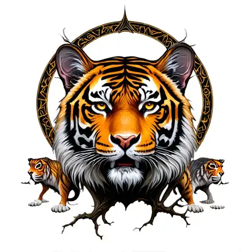 Yggdrasil Tree With Tiger And Vegvisir Symbol