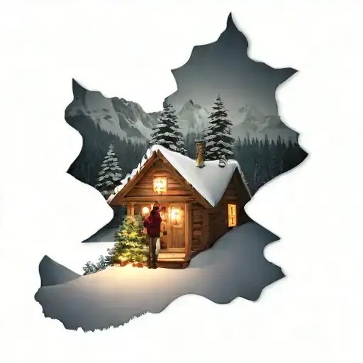 Family Celebrating Around A Christmas Tree In Their Cabin Surrounded By Snowy Mountains