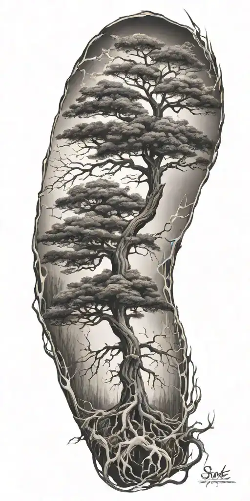 Tall Tree Deep Roots Surrounded By Flames