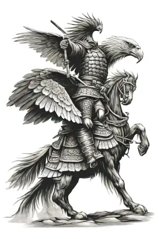 Samurai Standing Proudly And Eagle Flying Towards