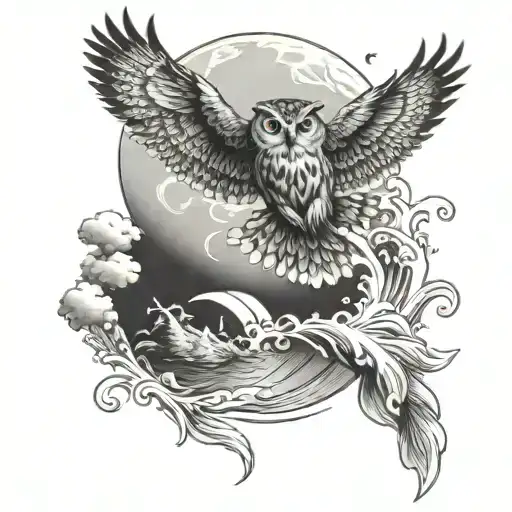 Full Moon With Whimsical Clouds A Flying Owl And A Koi Fish Jumping From The Water