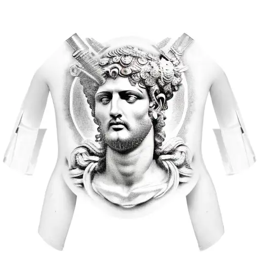 Roman God Mix With Sword And Flower In A Sleeve In Mocrorealism Style