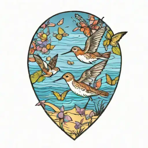 Sandpiper And Butterflies Flying Together