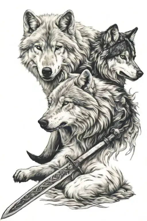 White Wolf And Black Wolf With A Sword
