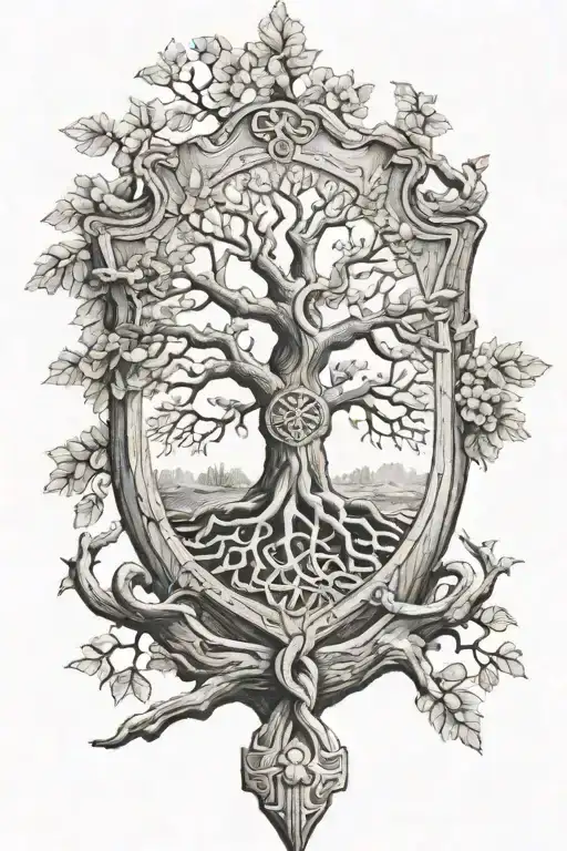 Cryptic Tree Of Life In The Background With A Wooden Shield And Knot Of Luck