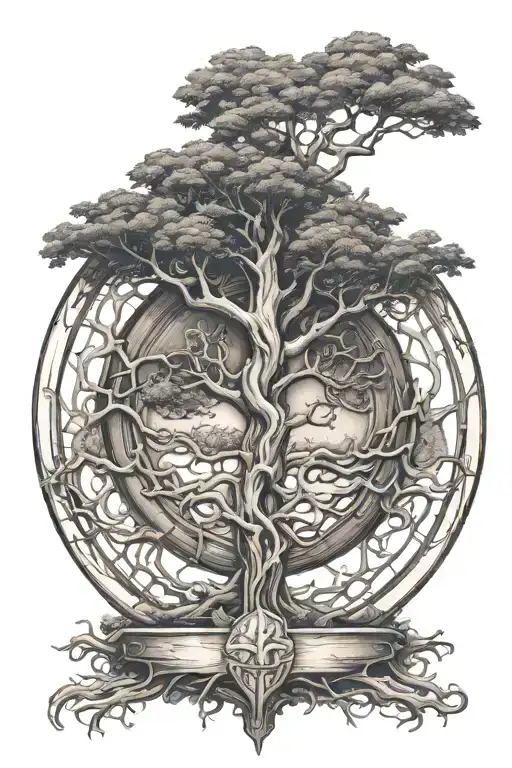Cryptic Tree Of Life Intertwined With A Wooden Shield Of Protection