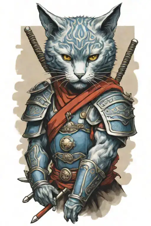 Head To Toe Russian Blue Cat Samurai Warrior Battling