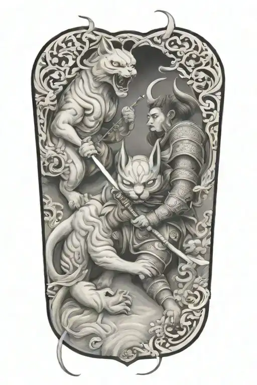 Samurai Warrior Cat Fighting Demon