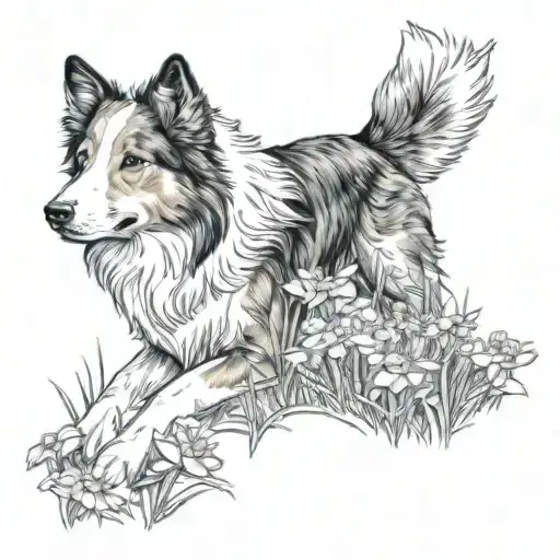 Boardercollie And Fox Terrior Dog In A Field Of Cosmos