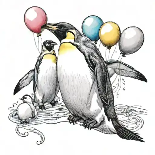 Emperor Penguin Holding 4 Balloons Floating