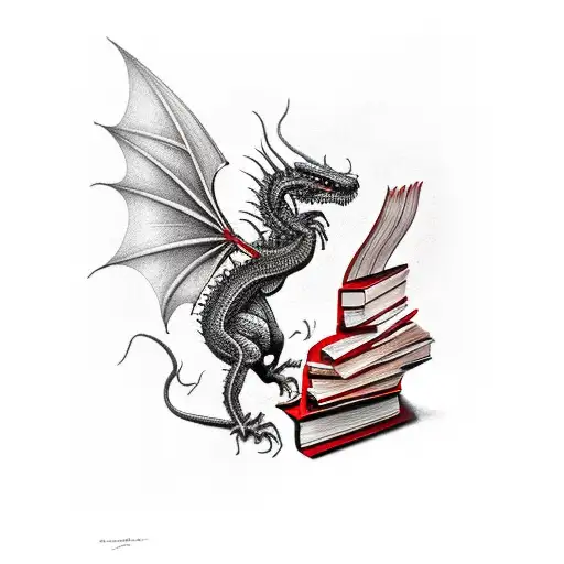 A Red Dragon And A Black Dragon Fly Out Of A Stack Of Books
