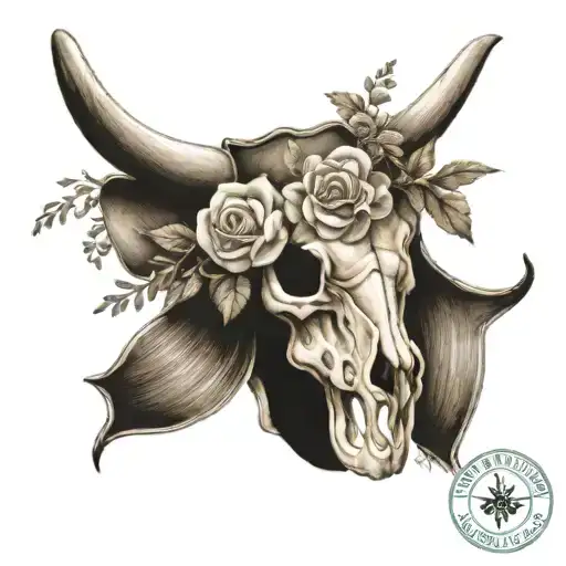 Longhorn Skull With Flowers Wearing A Mini Cowboy Hat