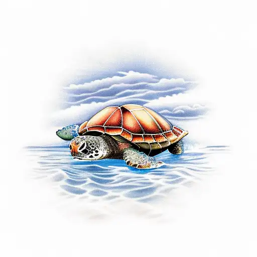 A Realistic Depiction Of A Sunset Over The Ocean With A Turtle Emerging From The Water
