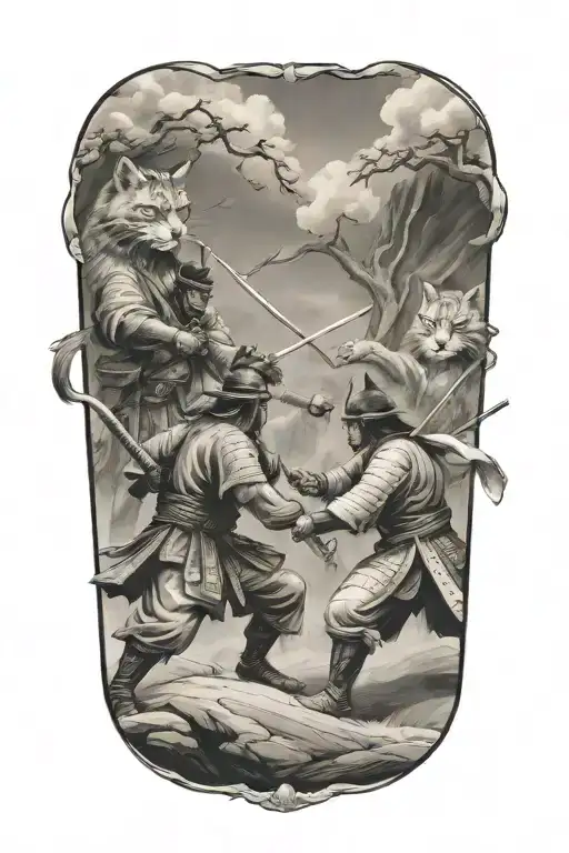 Two Samurai Warrior Cats Fighting Scene