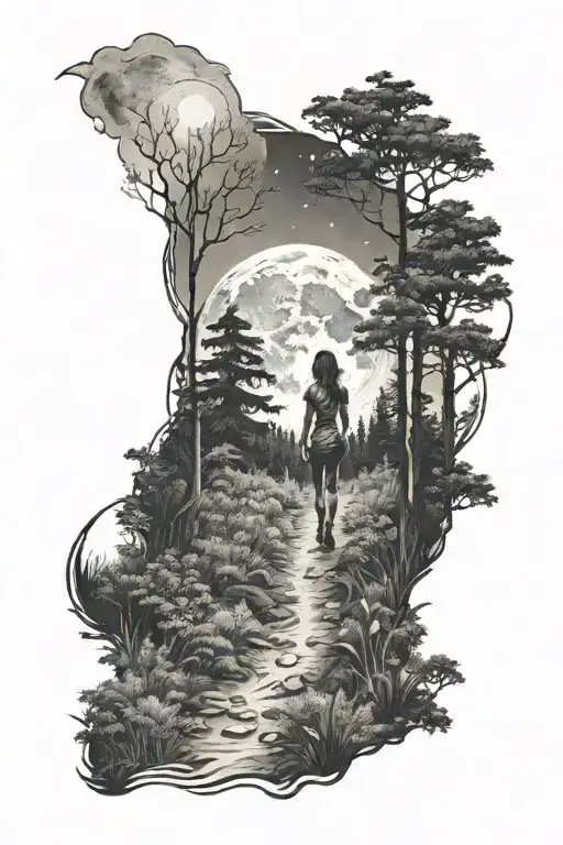 Woman Walking Path Into Forest With Moon