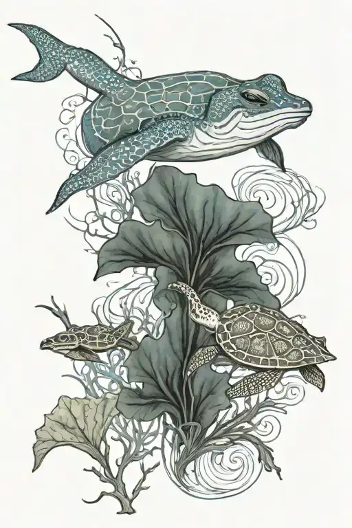 Blue Spotted Stingray Swimming In Seaweed With Turtle