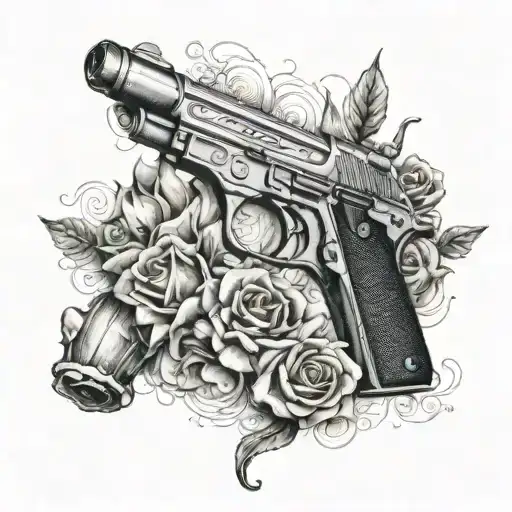 A Realistic 9Mm Gun With Roses And Shell Casings Scattered