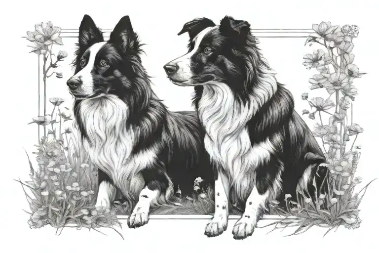 Boarder Collie And Fox Terrior In A Field Of Cosmos